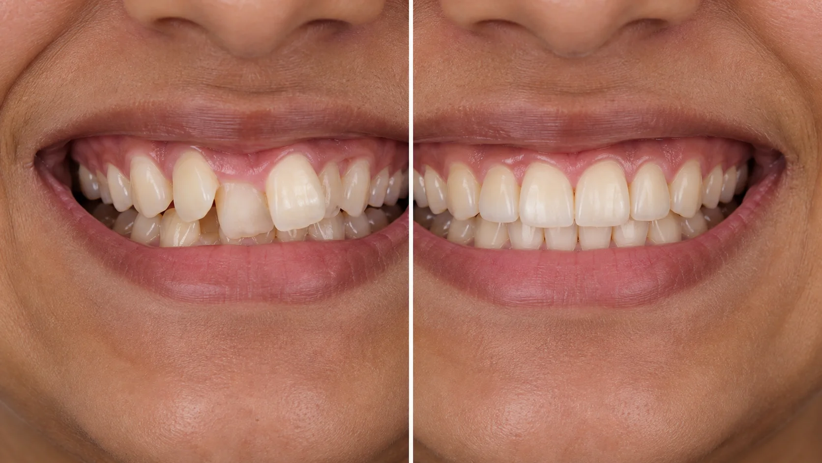AI-generated educational comparison showing visibly crowded front teeth beside an illustrated aligned result