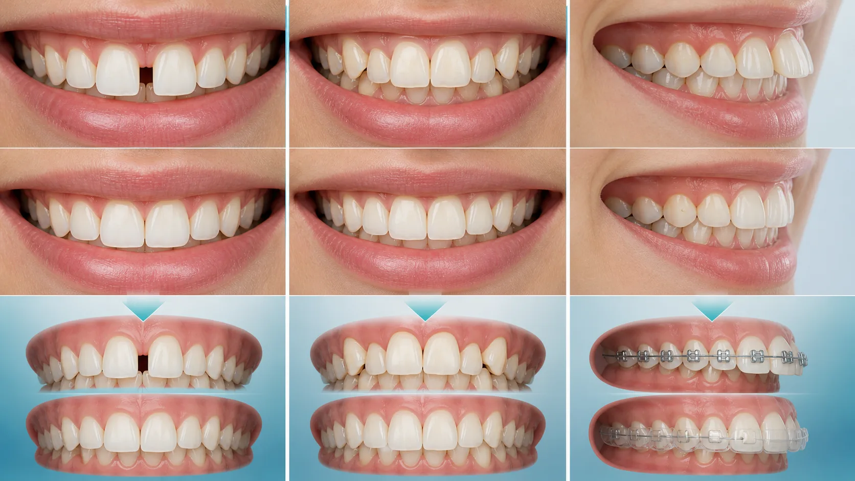 AI-generated educational orthodontic illustration showing gap closure, crowded teeth straightening, and bite alignment examples