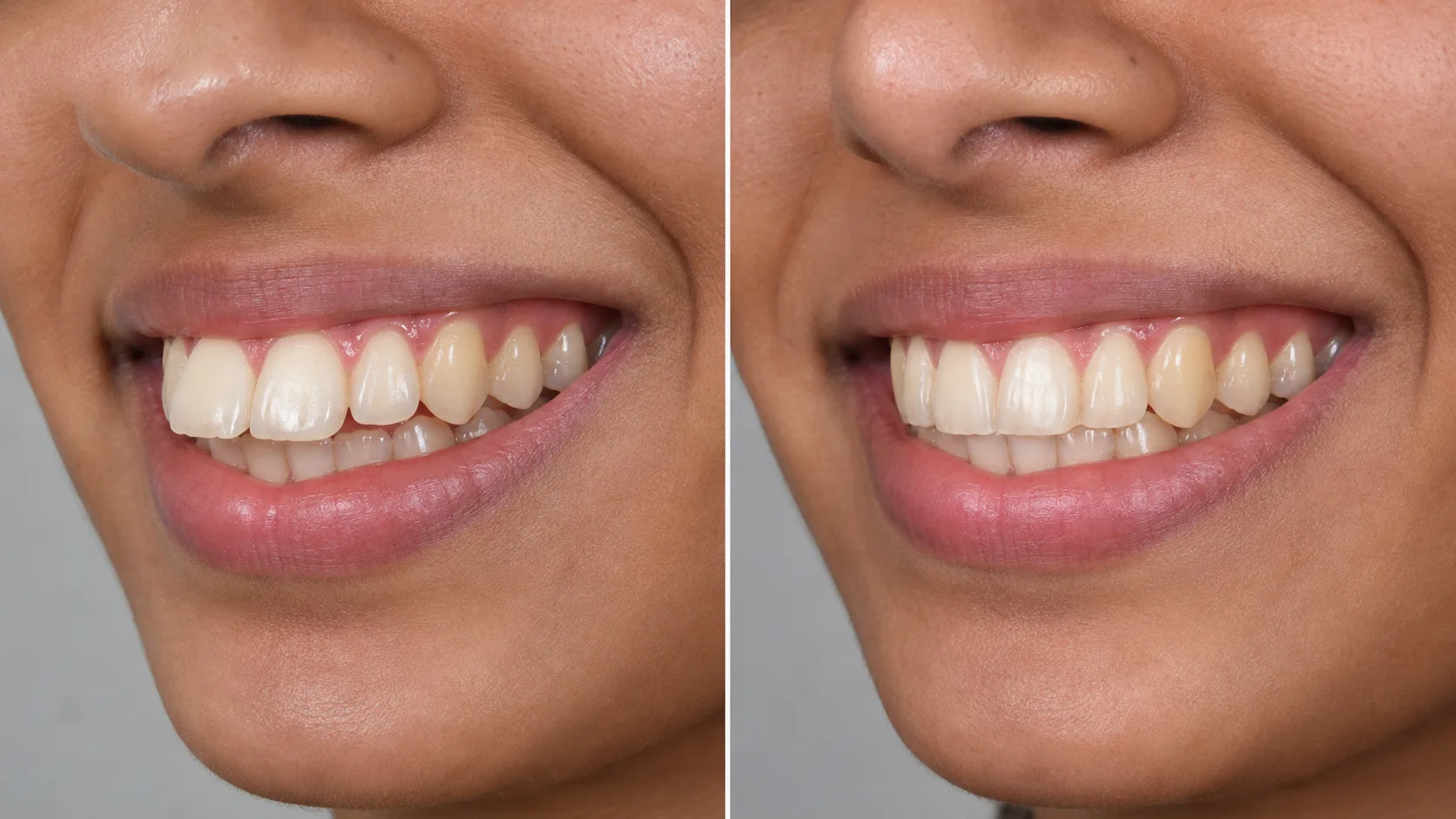 AI-generated educational side-view comparison showing protruding upper front teeth beside an illustrated more balanced bite