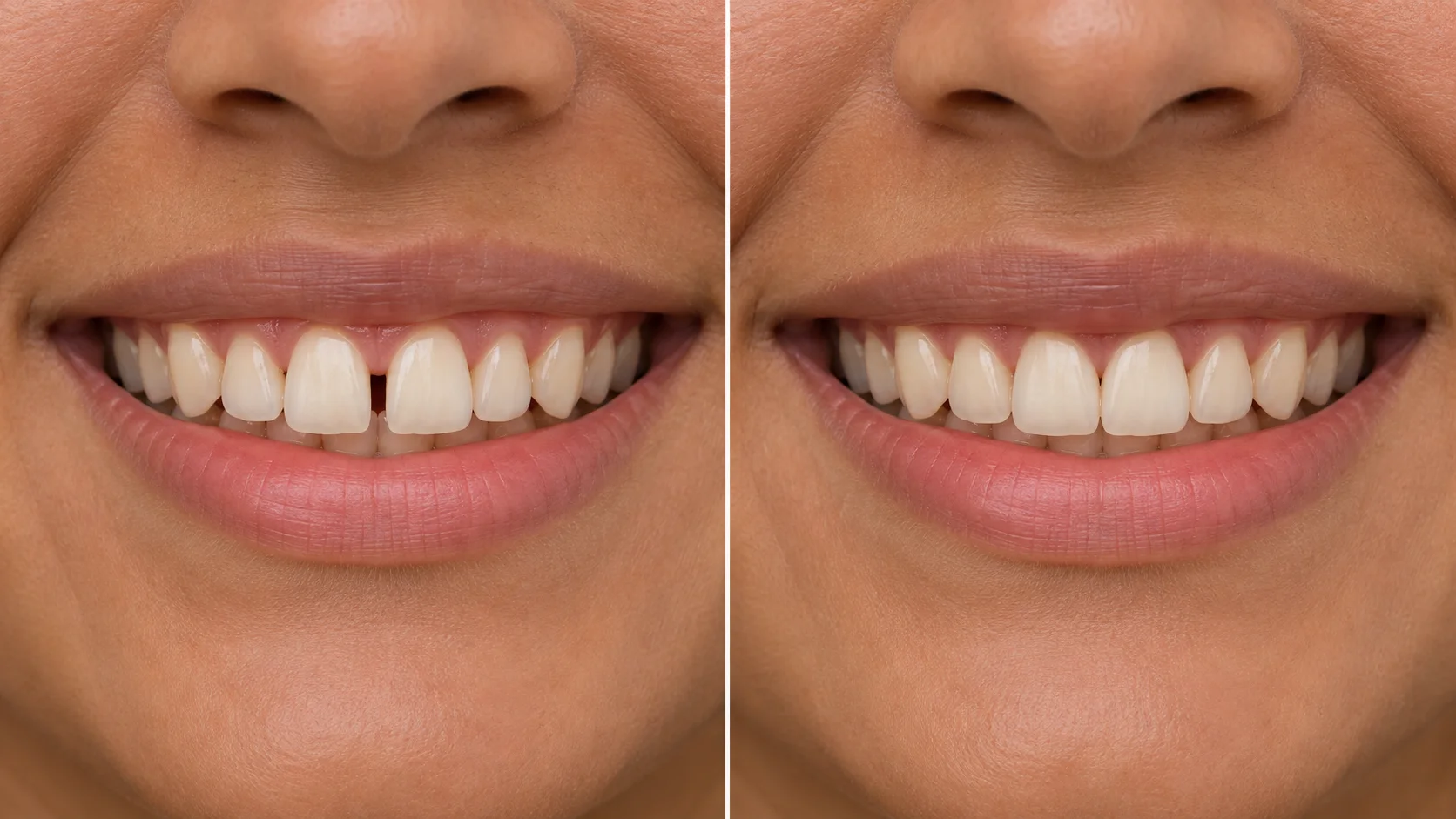 AI-generated educational comparison showing a prominent front-tooth gap beside an illustrated closed-space result